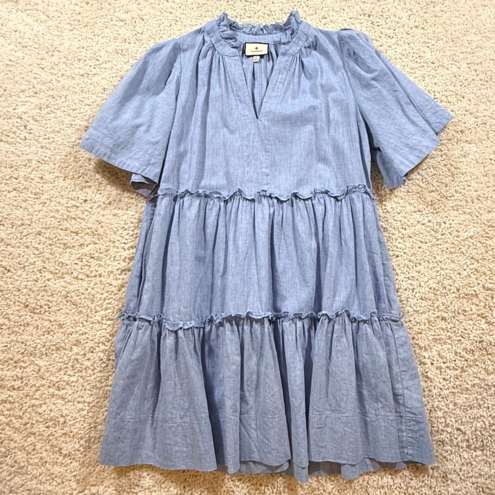 Tuckernuck Crawford Blue Cotton Linen Tiered Mini Dress S Chambray Coastal Prep